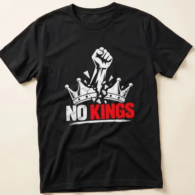 Distressed print of a raised fist with 'NO KINGS' text in red and white