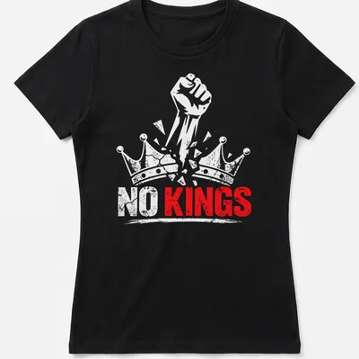Distressed print of a raised fist with 'NO KINGS' text in red and white — printed on a women's shirt