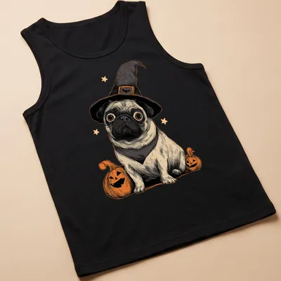 Vintage illustration of a pug in a witch hat, surrounded by pumpkins in black, orange, and cream. — printed on a tank top