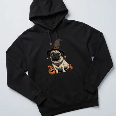 Vintage illustration of a pug in a witch hat, surrounded by pumpkins in black, orange, and cream. — printed on a unisex hoodie