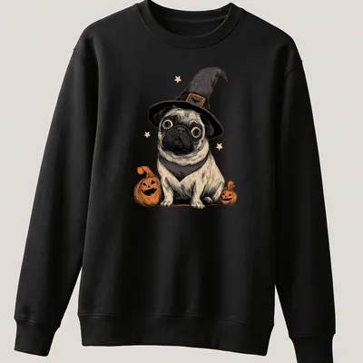 Vintage illustration of a pug in a witch hat, surrounded by pumpkins in black, orange, and cream. — printed on a unisex sweatshirt