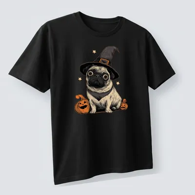 Vintage illustration of a pug in a witch hat, surrounded by pumpkins in black, orange, and cream. — printed on a unisex t-shirt (angled view)