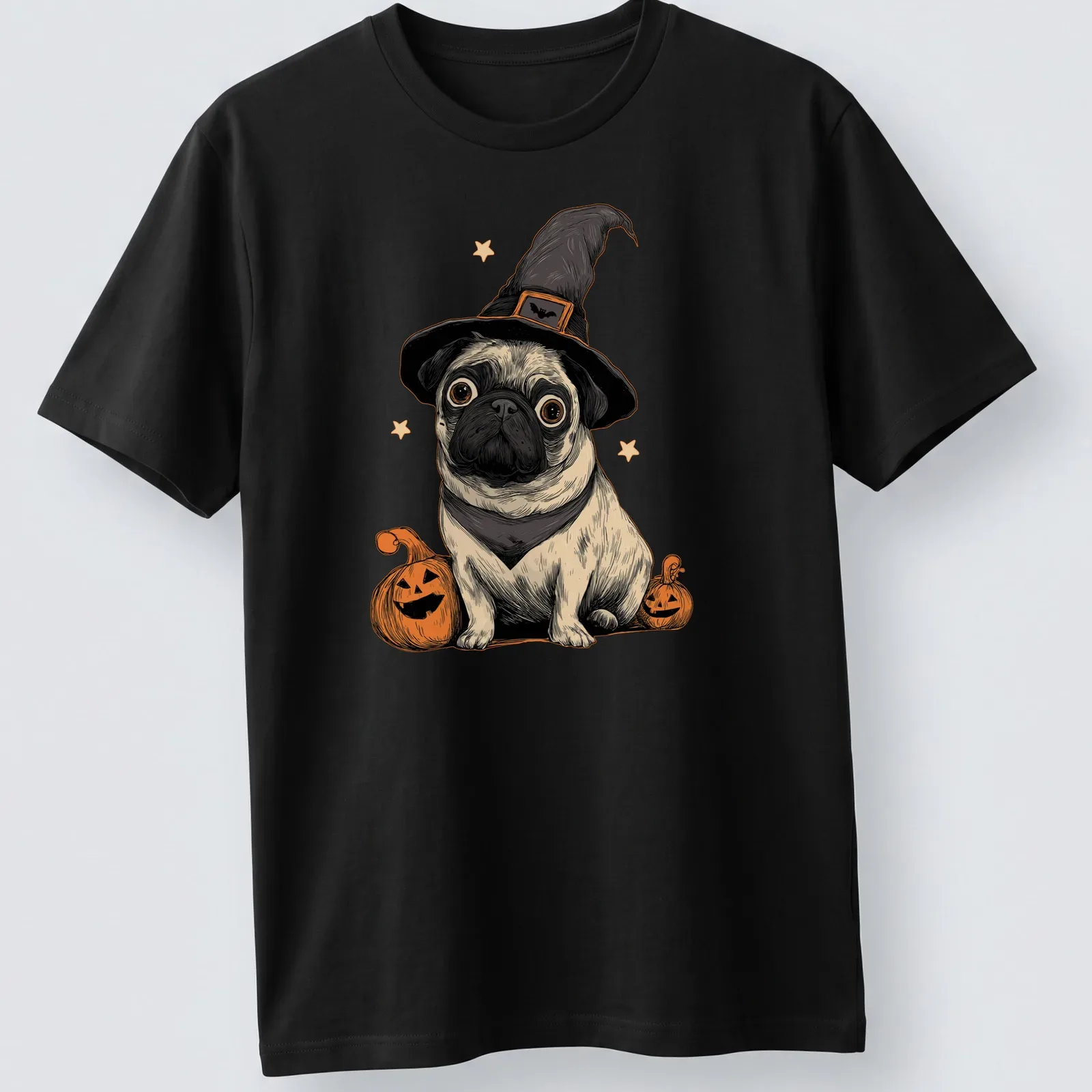 Vintage illustration of a pug in a witch hat, surrounded by pumpkins in black, orange, and cream. — printed on a unisex t-shirt