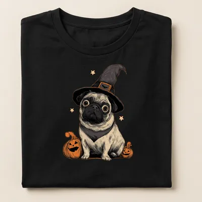 Vintage illustration of a pug in a witch hat, surrounded by pumpkins in black, orange, and cream. — printed on a women's shirt