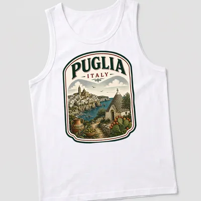 Vintage illustration of Puglia, Italy showcasing scenic landscape with text — printed on a tank top