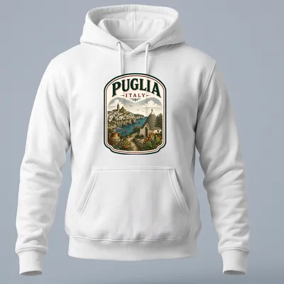 Vintage illustration of Puglia, Italy showcasing scenic landscape with text — printed on a unisex hoodie