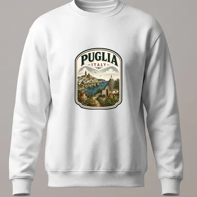 Vintage illustration of Puglia, Italy showcasing scenic landscape with text — printed on a unisex sweatshirt