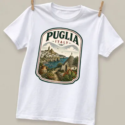 Vintage illustration of Puglia, Italy showcasing scenic landscape with text