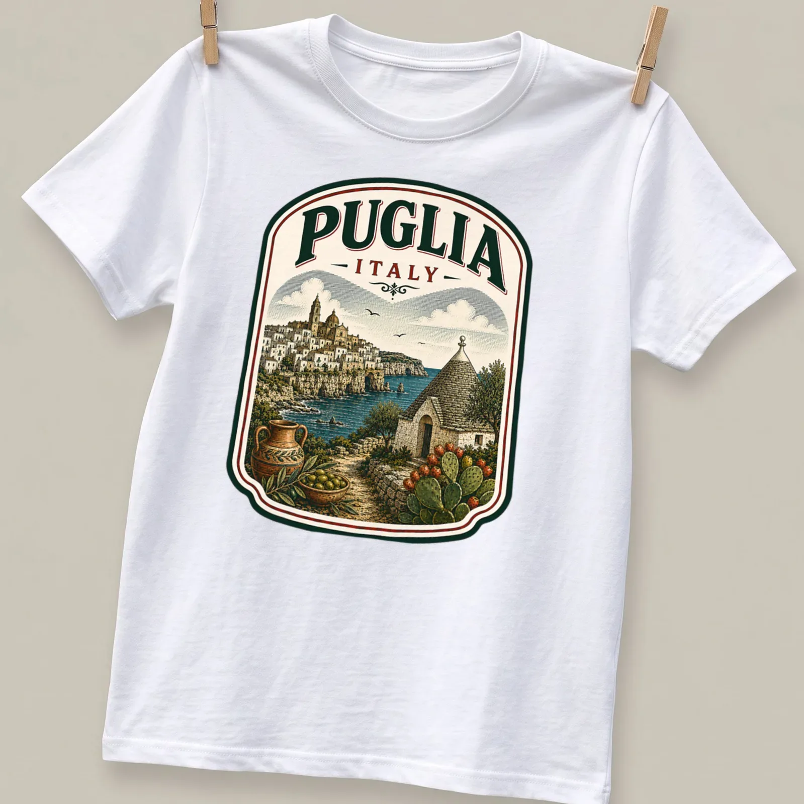 Vintage illustration of Puglia, Italy showcasing scenic landscape with text — printed on a unisex t-shirt
