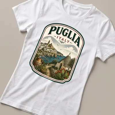 Vintage illustration of Puglia, Italy showcasing scenic landscape with text — printed on a women's shirt