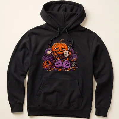 Kawaii pumpkin illustration with a coffee cup and text 'MORE COFFEE PLEASE' — printed on a unisex hoodie