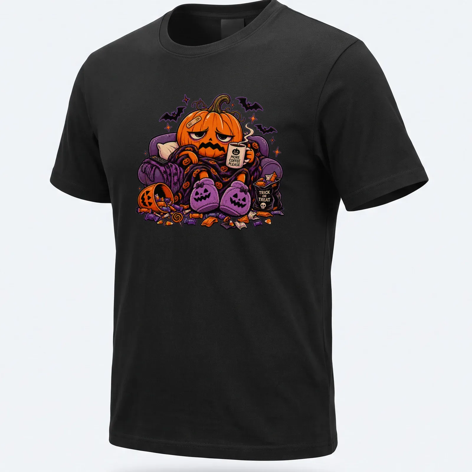 Kawaii pumpkin illustration with a coffee cup and text 'MORE COFFEE PLEASE' — printed on a unisex t-shirt