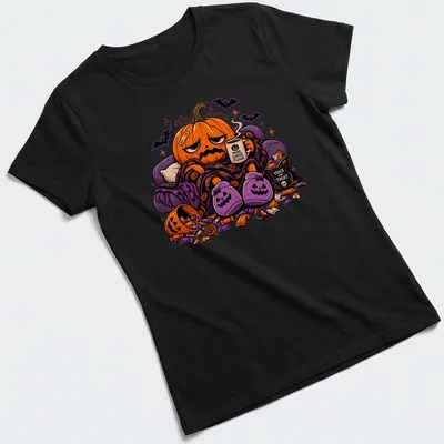 Kawaii pumpkin illustration with a coffee cup and text 'MORE COFFEE PLEASE' — printed on a women's shirt