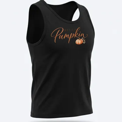 Elegant script T-shirt with 'HELLO Pumpkin' and a pumpkin illustration — printed on a tank top