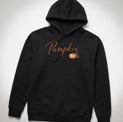 Elegant script T-shirt with 'HELLO Pumpkin' and a pumpkin illustration — printed on a unisex hoodie