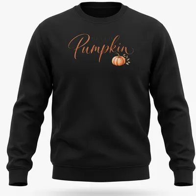Elegant script T-shirt with 'HELLO Pumpkin' and a pumpkin illustration — printed on a unisex sweatshirt