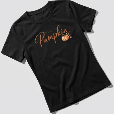 Elegant script T-shirt with 'HELLO Pumpkin' and a pumpkin illustration — printed on a women's shirt