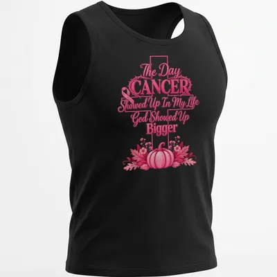 Vibrant floral design with pumpkins and the phrase about cancer and faith. — printed on a tank top