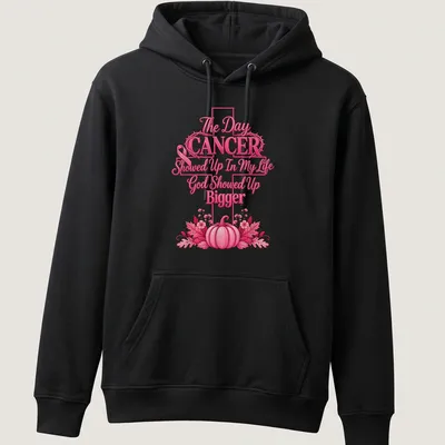 Vibrant floral design with pumpkins and the phrase about cancer and faith. — printed on a unisex hoodie