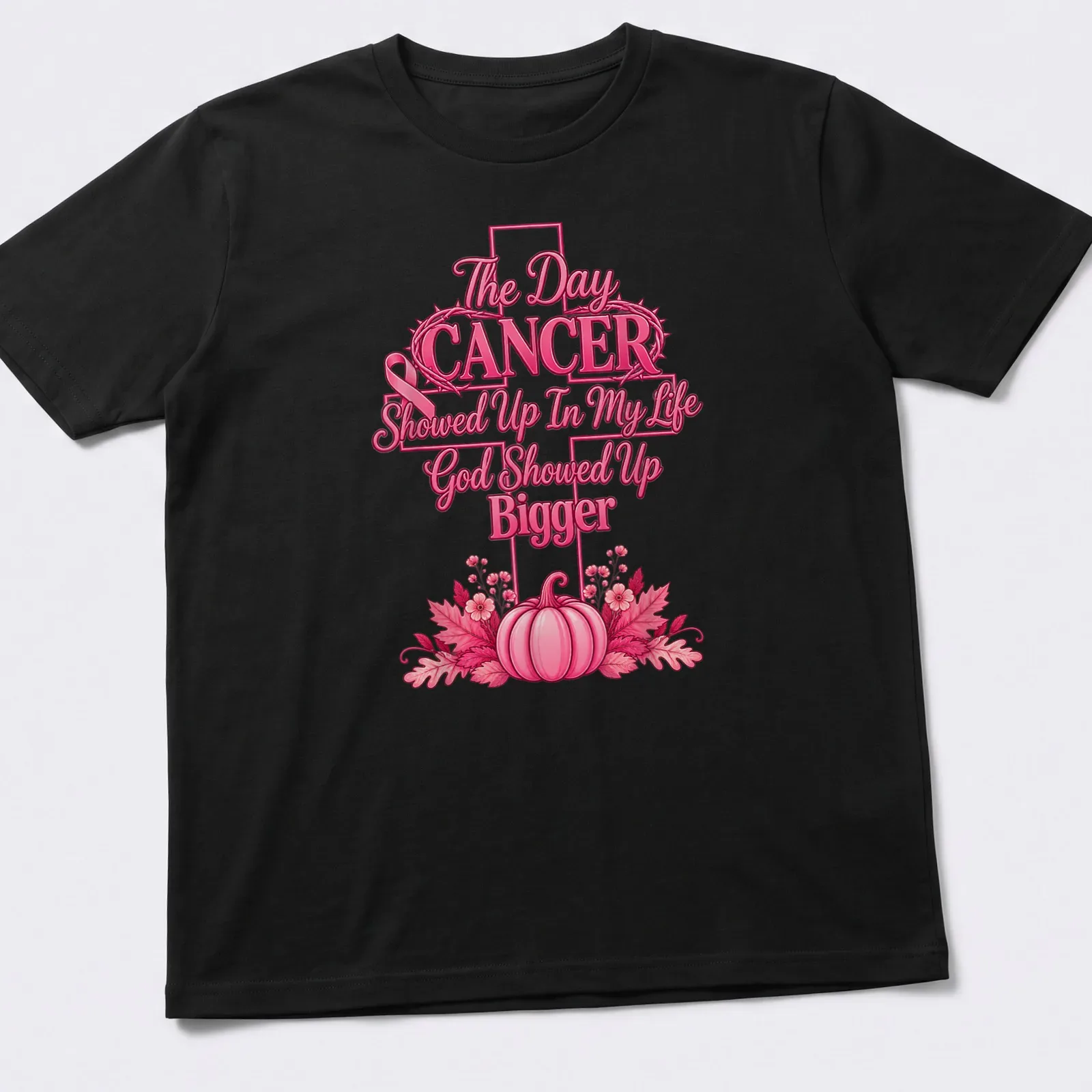 Vibrant floral design with pumpkins and the phrase about cancer and faith. — printed on a unisex t-shirt