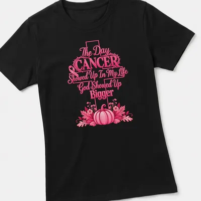Vibrant floral design with pumpkins and the phrase about cancer and faith. — printed on a women's shirt