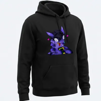 Kawaii print of a purple creature holding snacks with cheerful text. — printed on a unisex hoodie