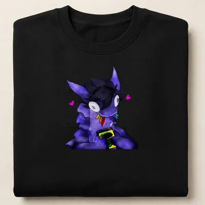 Kawaii print of a purple creature holding snacks with cheerful text. — printed on a unisex sweatshirt