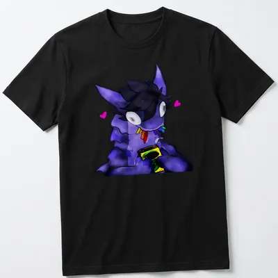 Kawaii print of a purple creature holding snacks with cheerful text.