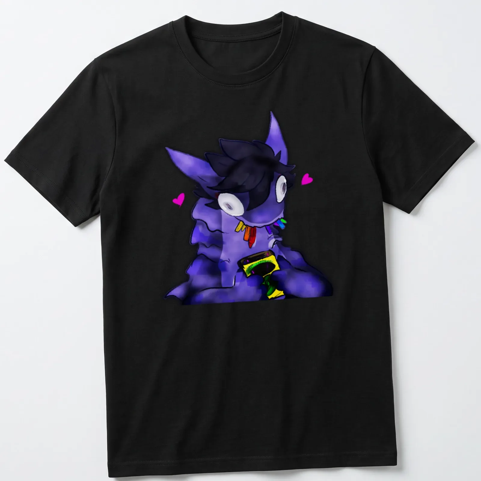 Kawaii print of a purple creature holding snacks with cheerful text. — printed on a unisex t-shirt