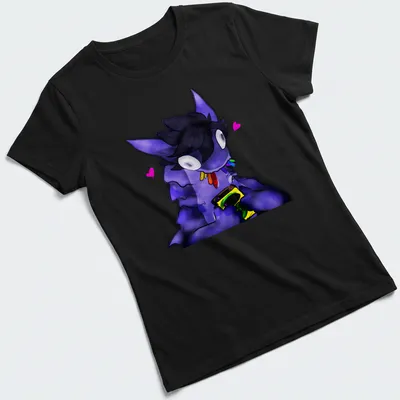 Kawaii print of a purple creature holding snacks with cheerful text. — printed on a women's shirt