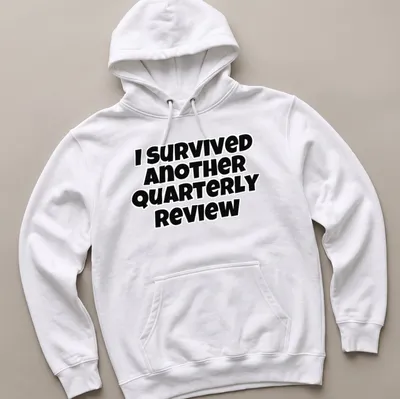 Bold black text says I Survived Another Quarterly Review on a — printed on a unisex hoodie