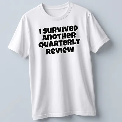 Bold black text says I Survived Another Quarterly Review on a T-shirt