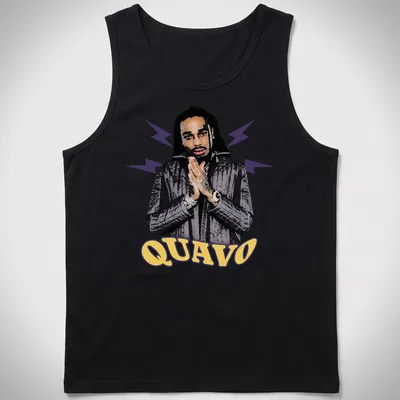 Illustrative t-shirt featuring Quavo's name in bold colors — printed on a tank top
