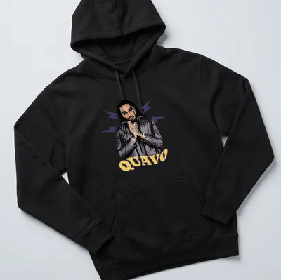 Illustrative t-shirt featuring Quavo's name in bold colors — printed on a unisex hoodie