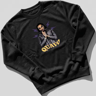 Illustrative t-shirt featuring Quavo's name in bold colors — printed on a unisex sweatshirt