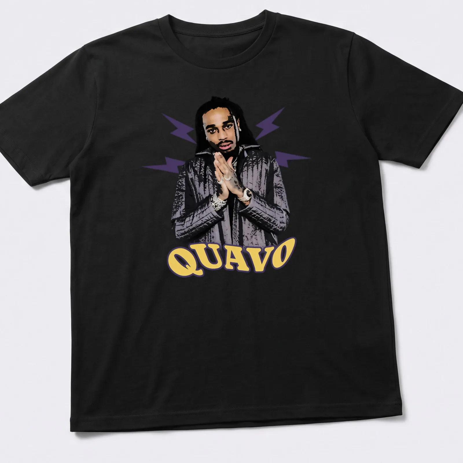 Illustrative t-shirt featuring Quavo's name in bold colors — printed on a unisex t-shirt