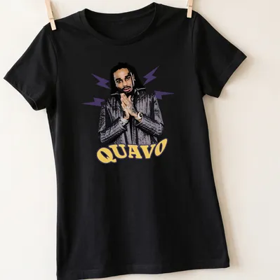 Illustrative t-shirt featuring Quavo's name in bold colors — printed on a women's shirt
