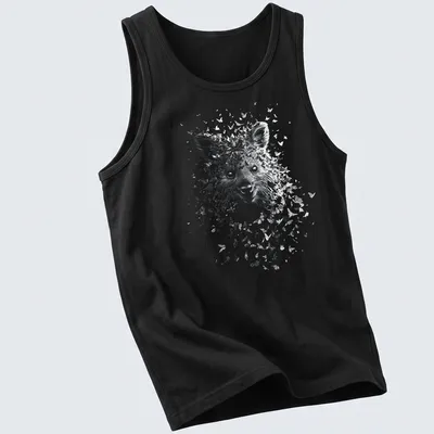 Illustrative line art of a quokka head with a butterfly above it in black and white — printed on a tank top