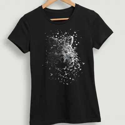 Illustrative line art of a quokka head with a butterfly above it in black and white — printed on a women's shirt