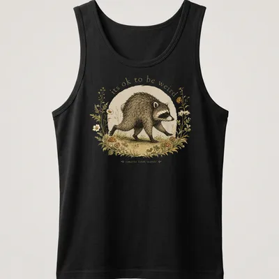 Cottagecore Raccoon t-shirt with whimsical design featuring the phrase about being weird — printed on a tank top