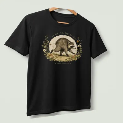 Cottagecore Raccoon t-shirt with whimsical design featuring the phrase about being weird — printed on a unisex t-shirt (angled view)