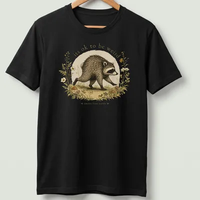Cottagecore Raccoon t-shirt with whimsical design featuring the phrase about being weird