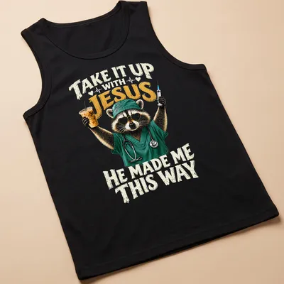 Realistic print of a raccoon in sunglasses with humorous text below. — printed on a tank top