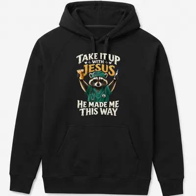 Realistic print of a raccoon in sunglasses with humorous text below. — printed on a unisex hoodie