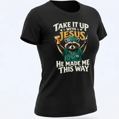 Realistic print of a raccoon in sunglasses with humorous text below. — printed on a women's shirt