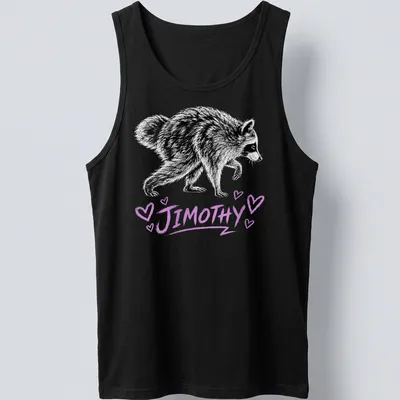 Sketch-style t-shirt featuring a raccoon and the text Jimothy in black and purple — printed on a tank top
