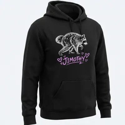 Sketch-style t-shirt featuring a raccoon and the text Jimothy in black and purple — printed on a unisex hoodie