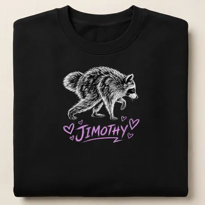 Sketch-style t-shirt featuring a raccoon and the text Jimothy in black and purple — printed on a unisex sweatshirt