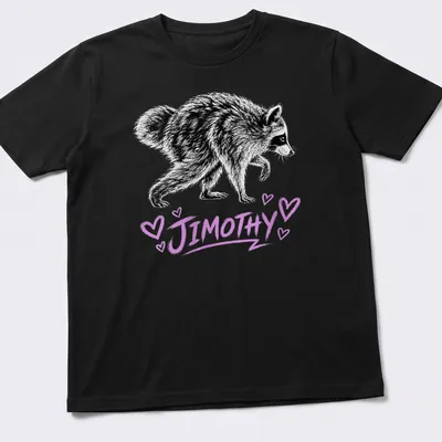 Sketch-style t-shirt featuring a raccoon and the text Jimothy in black and purple