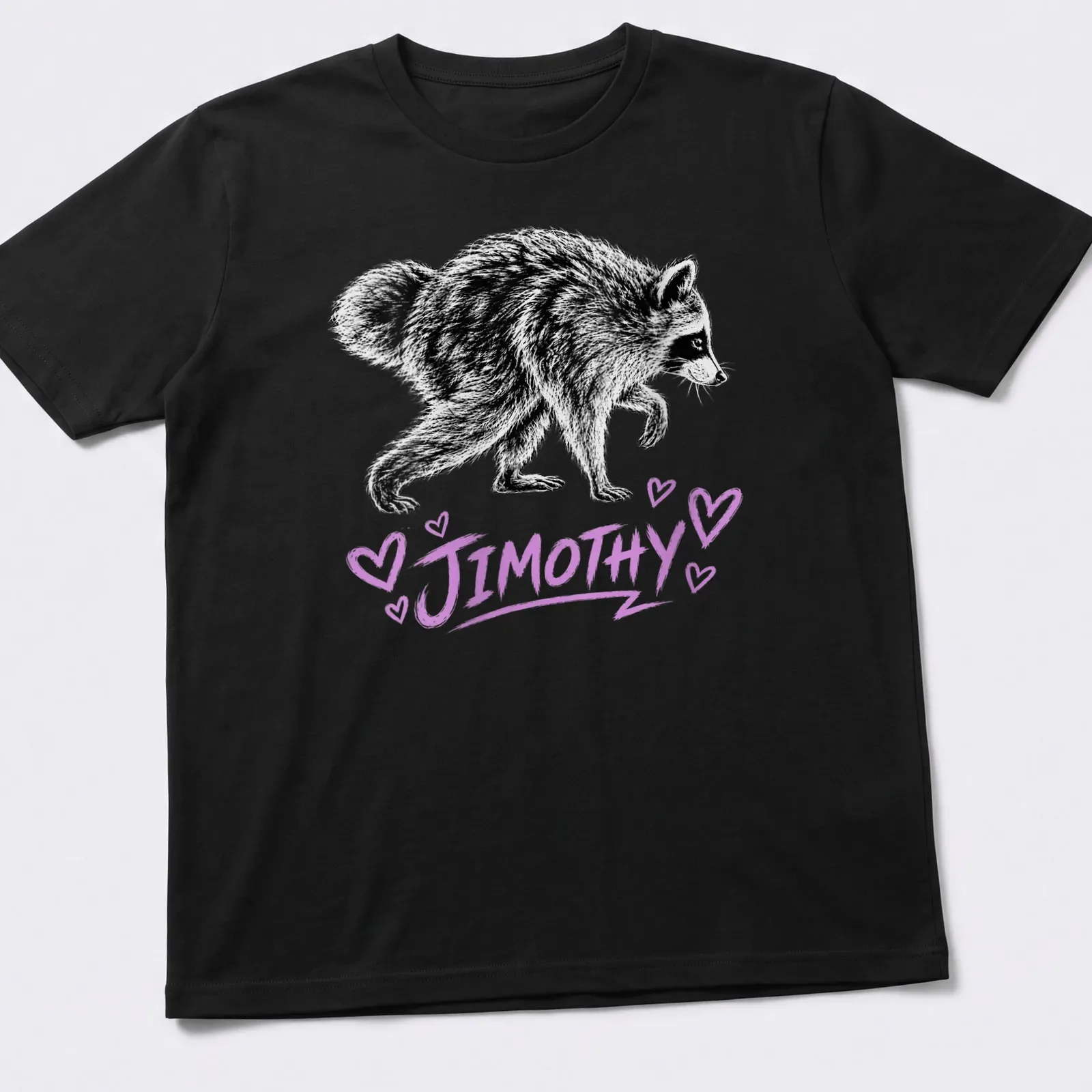 Sketch-style t-shirt featuring a raccoon and the text Jimothy in black and purple — printed on a unisex t-shirt